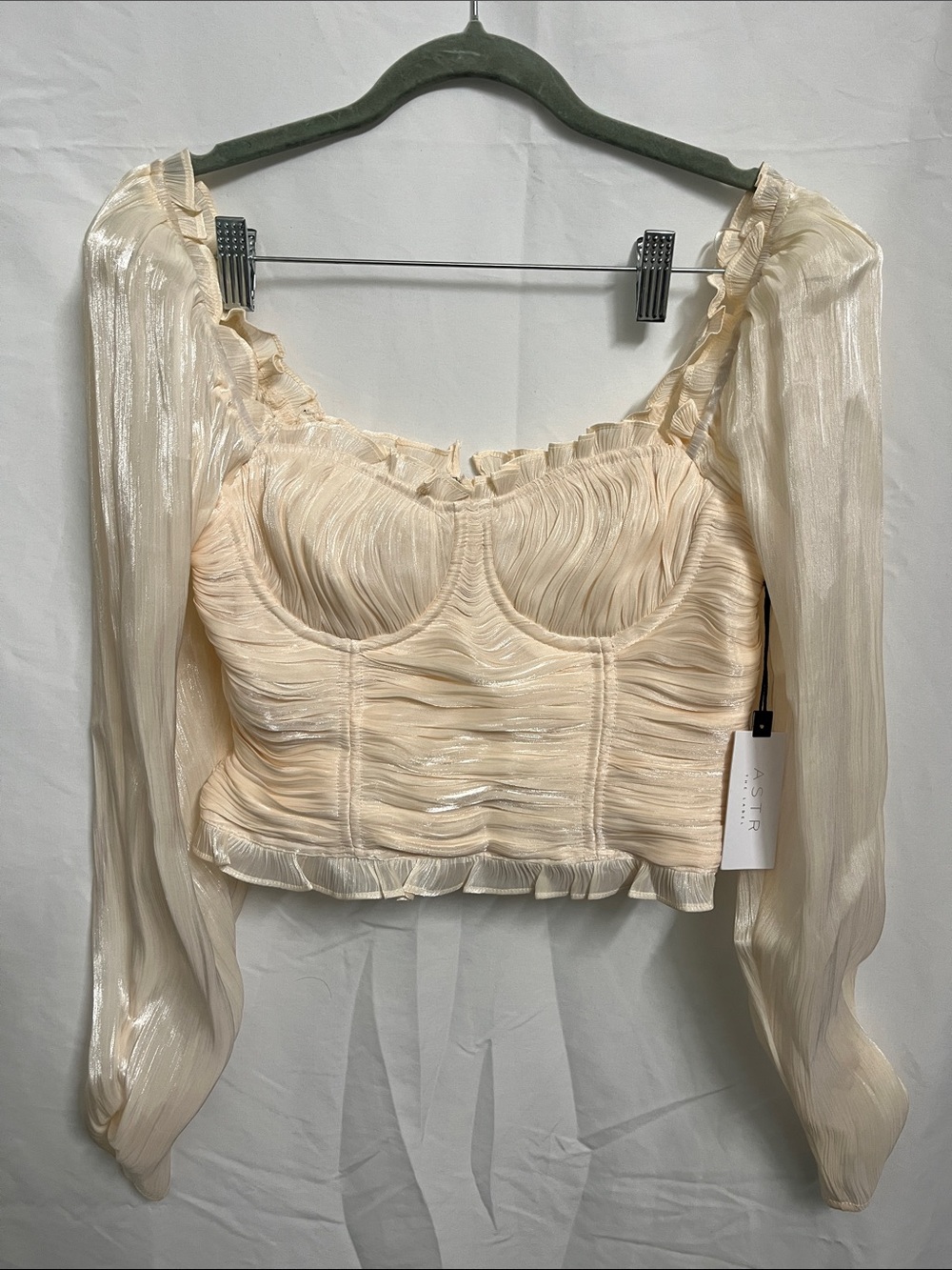 NWTAstr the label Shimmery Cream Ruched Bustier Crop Top with Sheer Long Sleeves